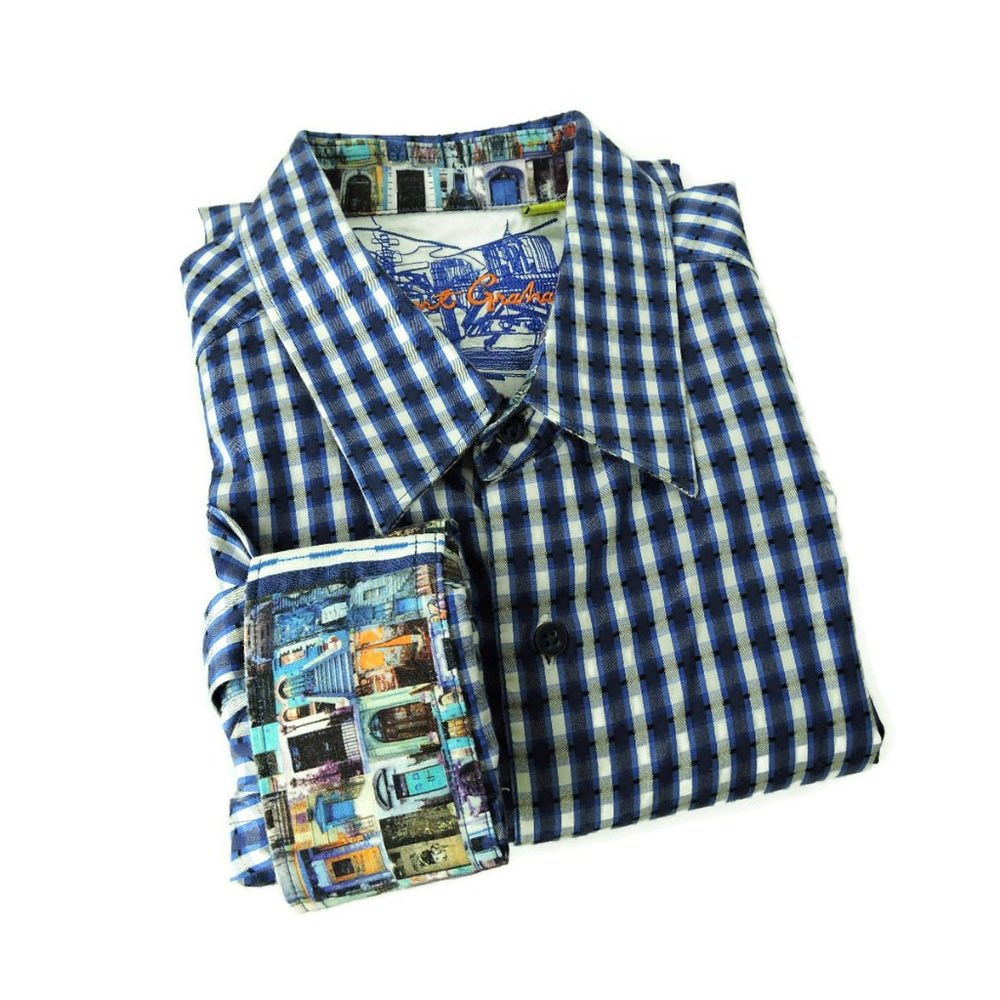 Robert Graham long sleeve shirt plaid check City print flip cuff blue white XL